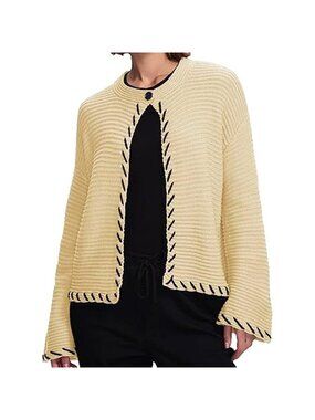 Women's Cropped Cardigan Sweater Bell Sleeve Chunky Open Front Apricot Size XL